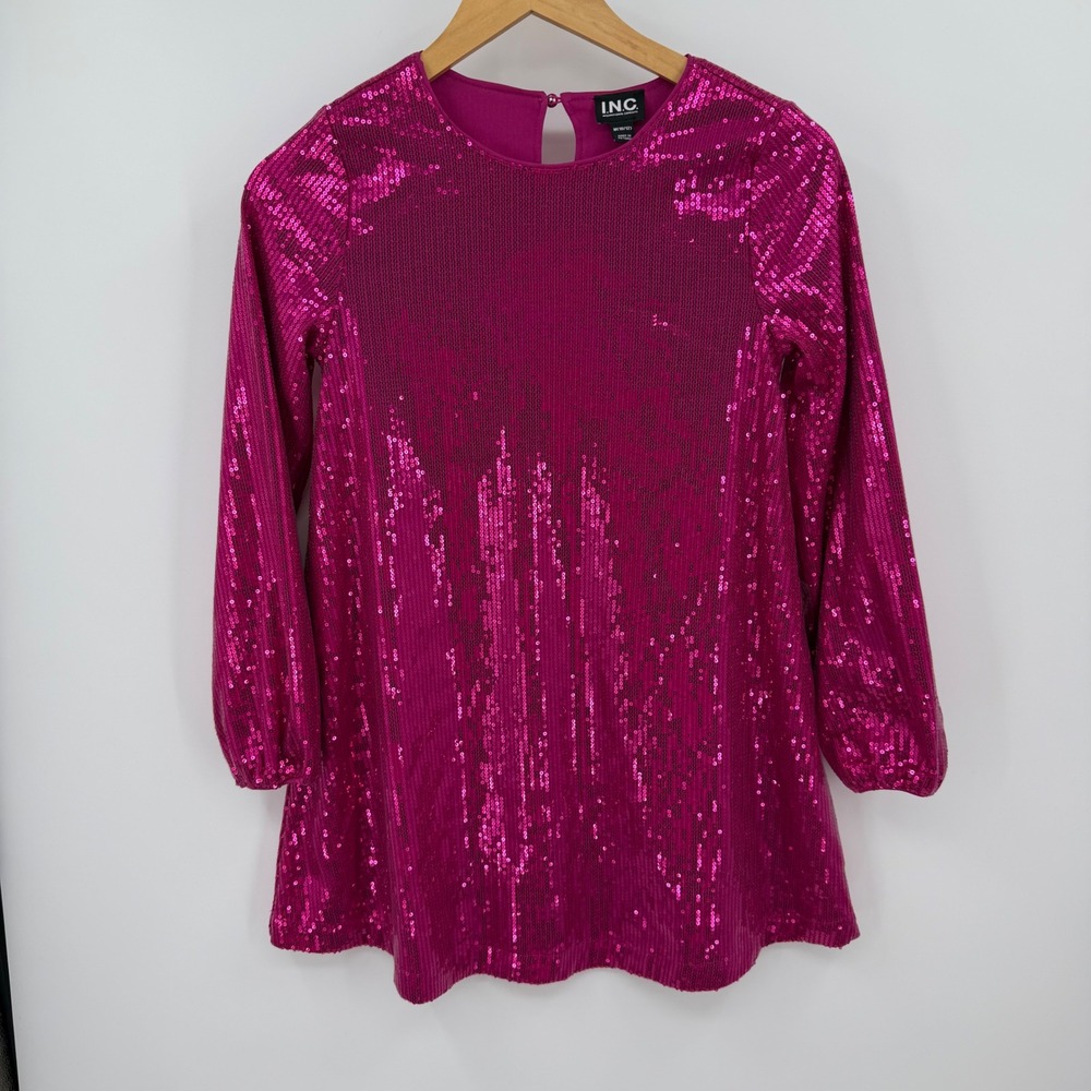 INC International Concepts Girls Fuchsia Pink Sequin Long Sleeve Dress M 10/12
